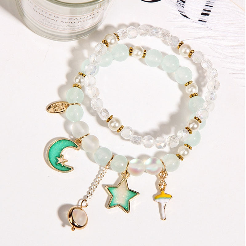 Korean small fresh crystal beaded bracelet for women double layer bracelet sweet girl heart star moon bracelet female