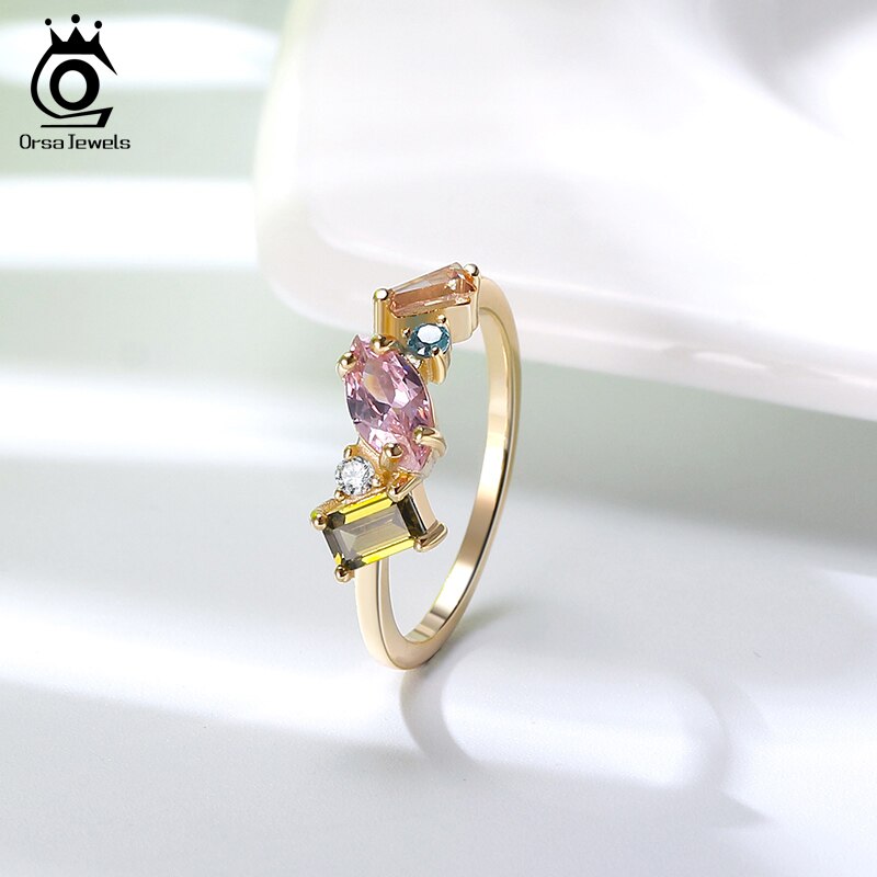 ORSA JEWELS Delicate 925 Silver Wedding Rings for Female with Multi-Color Big Crystal Zircon Jewelry Party Gift Wholesale OSR208