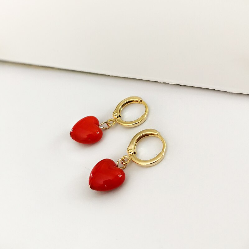 GHIDBK Dainty Red Heart Pendant Huggie Hoop Earrings Minimalist Statement Gold Charm Earring Circle Fashion Street Style Earring