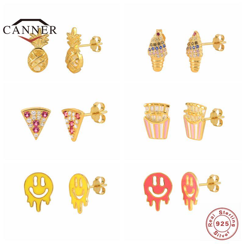 CANNER 925 Sterling Silver Cute Pineapple Ice Cream French Fries Stud Earrings for Women Piercing Earings Silver 925 Jewelry