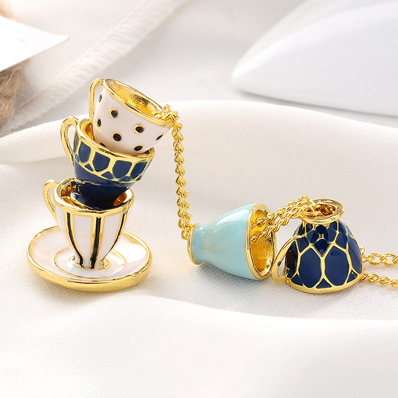 Alice In Wonderland Teacup Necklace Pendants Fashion Enamel Tea Cup Sweater Chain Clothing Accessories For Women Girl Jewelry