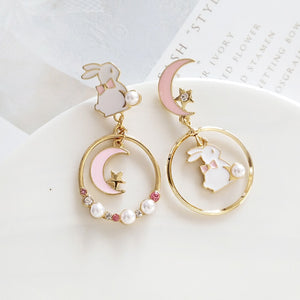 Cute Fashion Asymmetric Cat Rabbit Moon Star Stud Earrings For Women Girls Fan Flower Heart Fish Eardrop Wedding Dangle Jewelry