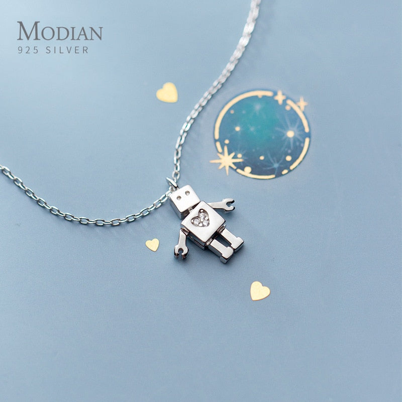 MODIAN Link Chain Necklace for Women Pure 925 Sterling Silver Dazzling Zircon Hearts Cute Robot Pendant Necklace Fine Jewelry