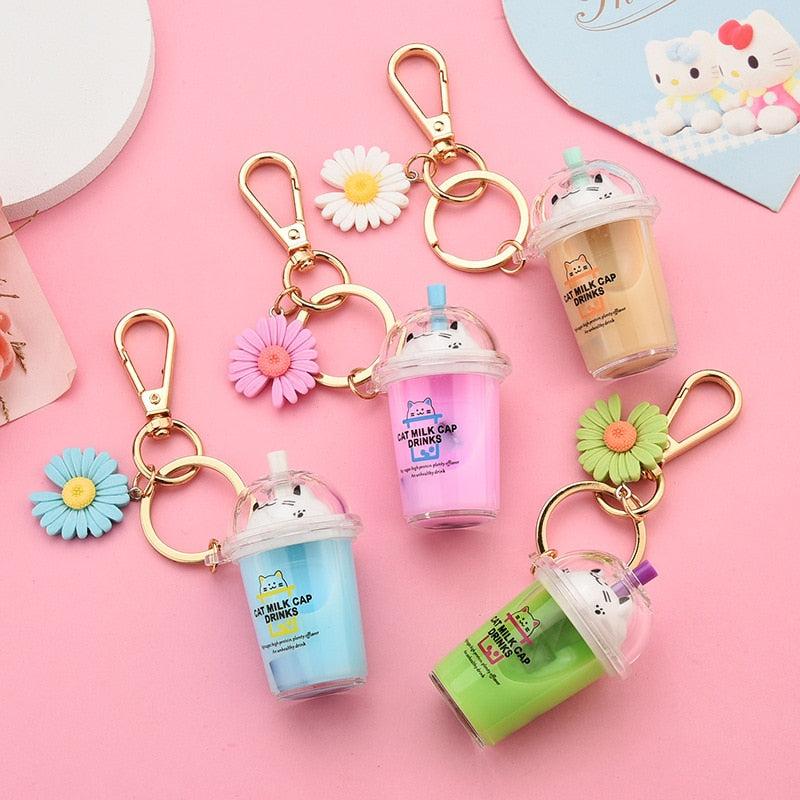 Cartoon Cute Cat Keychain Creative Milk Tea Cup Liquid Quicksand Key Ring Car Bag Pendant for Women Girl Bag Key Chain