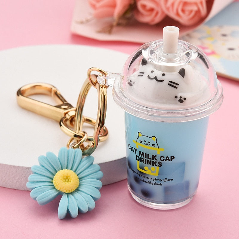 Cartoon Cute Cat Keychain Creative Milk Tea Cup Liquid Quicksand Key Ring Car Bag Pendant for Women Girl Bag Key Chain