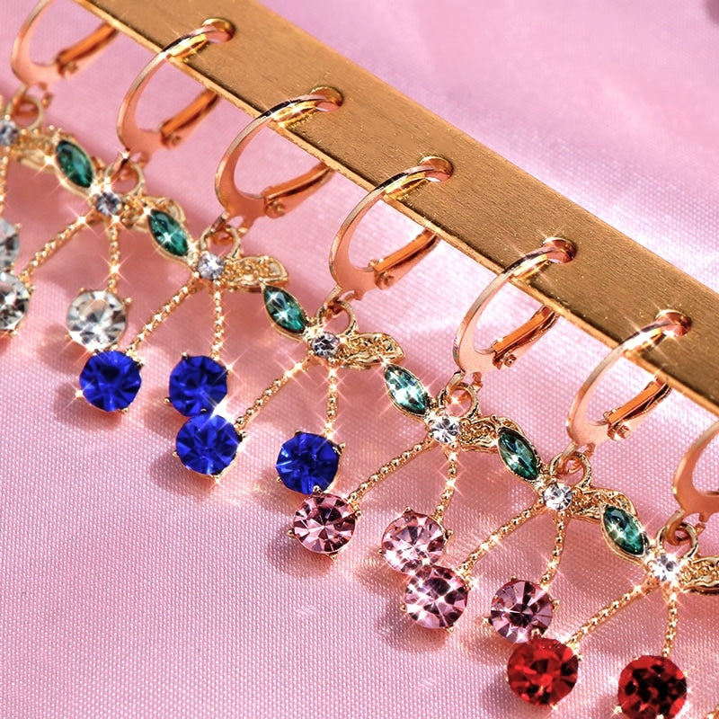 JUST FEEL Korean Cute Cherry Drop Earrings for Women Multicolor Crystal Fruit Earrings Fashion Small Fresh Jewelry Party Gift
