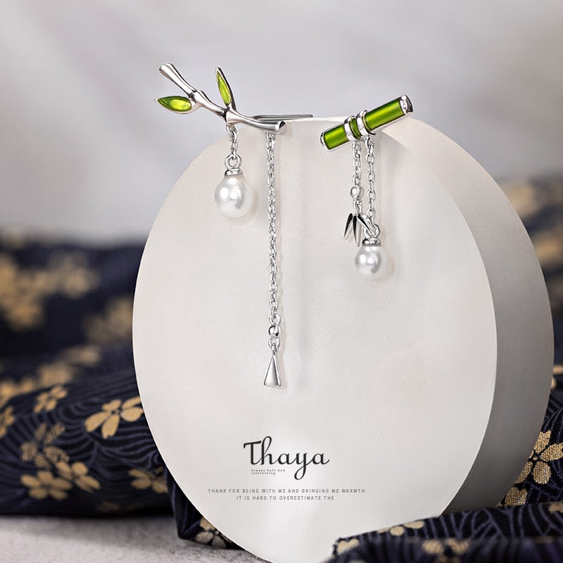 Thaya Enamel Women Earring Green Bamboo Earring Dangle With Pearl Retro Cute Earrings For Women Silver Earring Fashion Jewelry