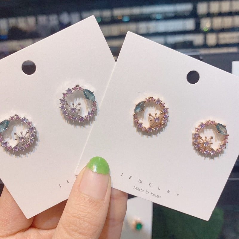MENGJIQIAO New Cute Sweet Heart Zircon Flower Circle Stud Earrings For Women Fashion Delicate Micro Paved Pendientes Jewelry