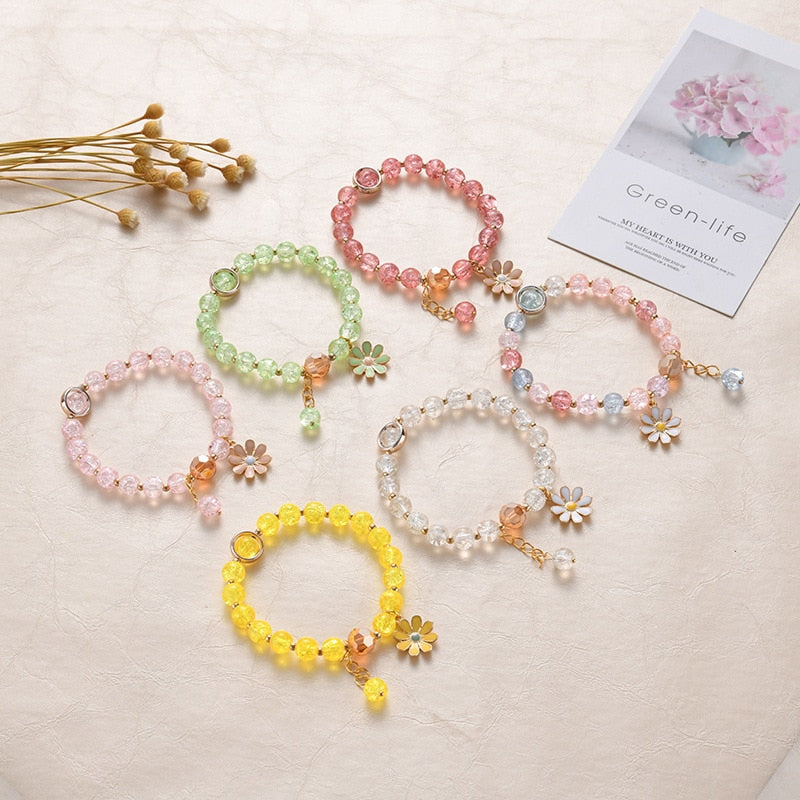 2022 New Korean Flowers Daisy Bracelets Bohemian Colorful Crystal Beaded Bracelet Handmade Elastic Rope Women Pulseira Jewelry