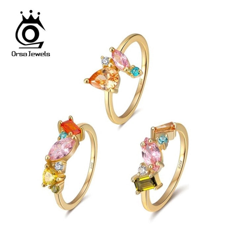 ORSA JEWELS Delicate 925 Silver Wedding Rings for Female with Multi-Color Big Crystal Zircon Jewelry Party Gift Wholesale OSR208