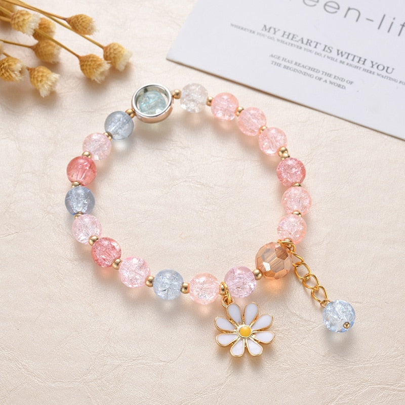 2022 New Korean Flowers Daisy Bracelets Bohemian Colorful Crystal Beaded Bracelet Handmade Elastic Rope Women Pulseira Jewelry