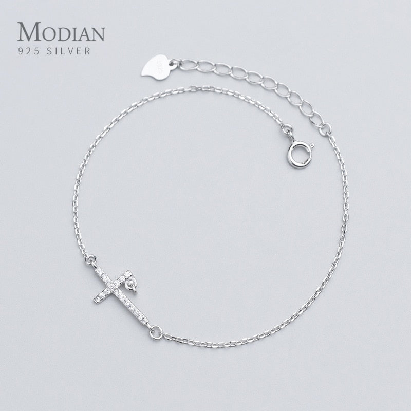 Modian Shining Clear CZ Cross Sterling Silver 925 Bracelet for Women Fashion Link Chain Bracelet Korea Style Fine Jewelry