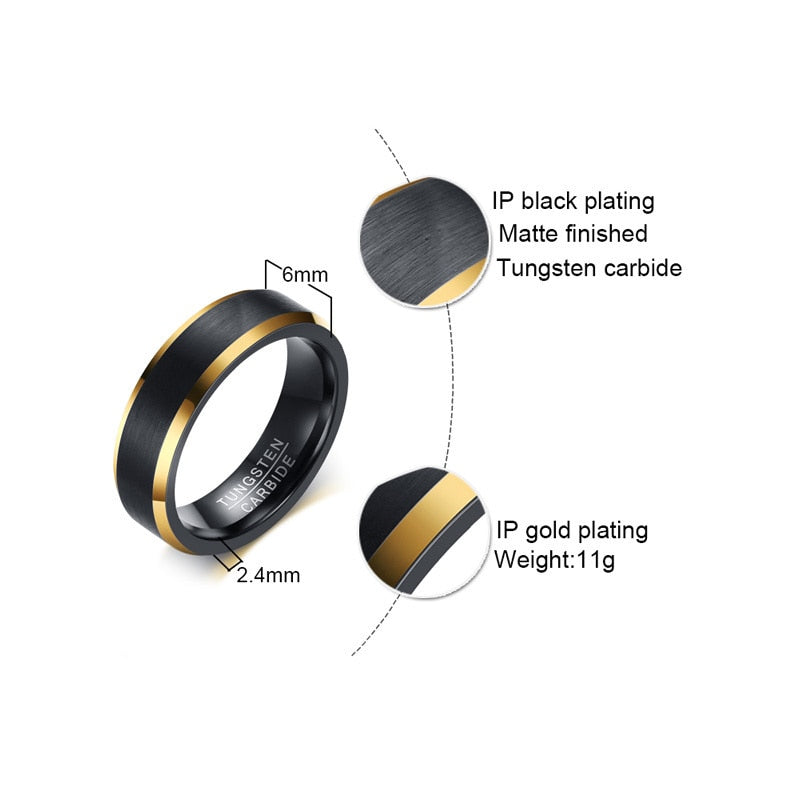 Vnox Tungsten Carbide Wedding Bands 6mm Gold Color Line Ring Black Matte Finished Male Engagement Anel Jewelry