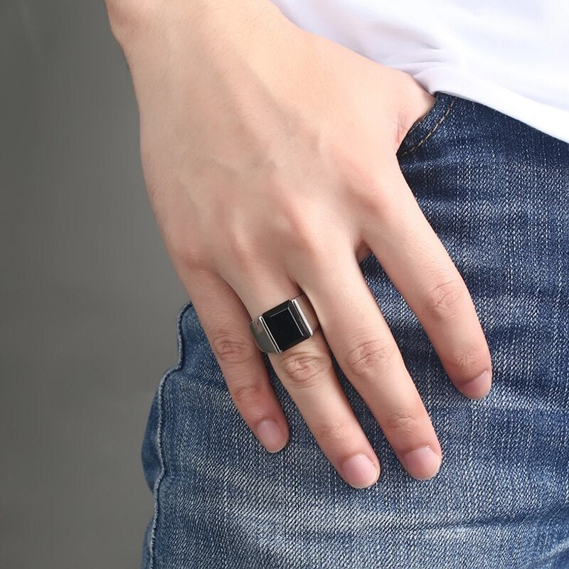 Vintage Black Onyx Stone Rings Stainless Steel Wedding Band Rings Men Never Fade USA Size 7 to 12
