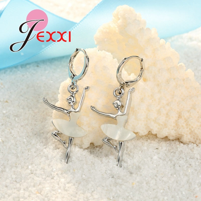 Elegant White Dress Ballet Dancing Girl 925 Sterling Silver Pendant/Necklace/Earrings Jewelry Set Beautiful Jewelry Set