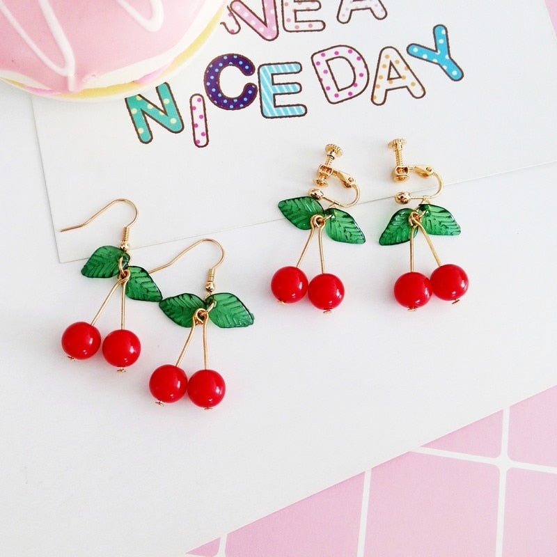 Korean Fashion Sweet Youth Girl Student Fruit Cherry Earrings Fresh Simple Cute Women Earrings Ear Clips Banquet Accessories