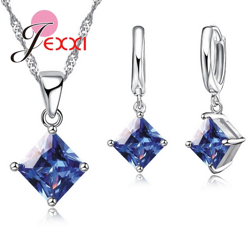 High Quality Geometric Square Statement Necklace Collar 925 Sterling Silver Drop Earrings for Women Brincos