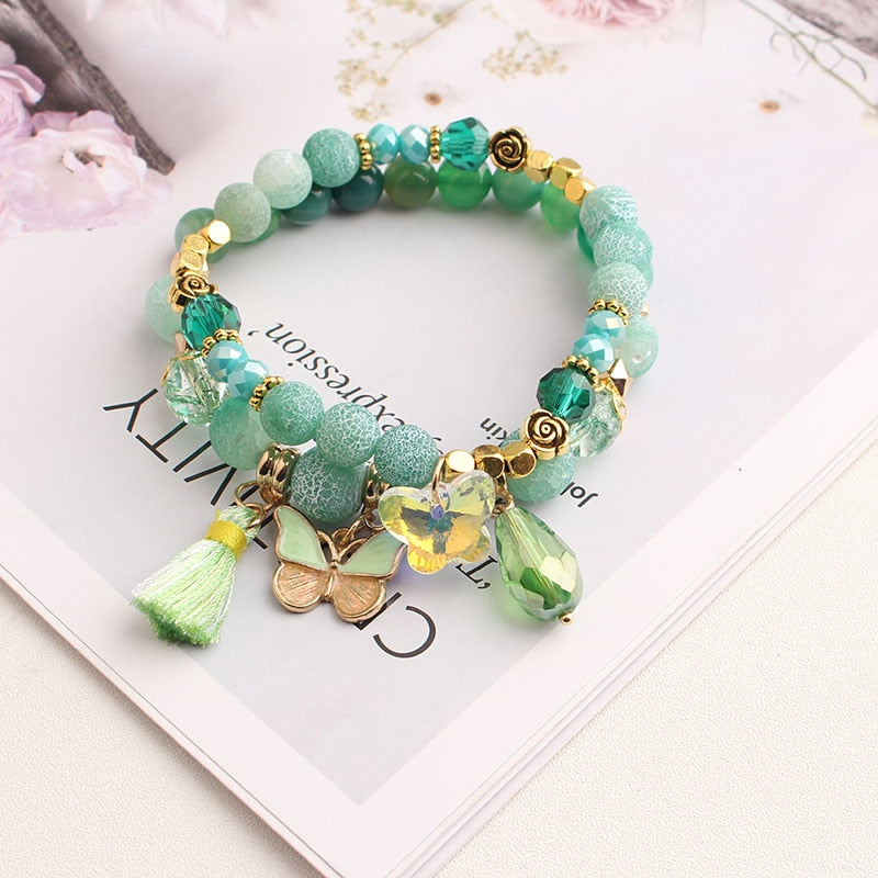 Rose sisi European and American style fashion stone bracelet for women elastic bracelet butterfly pendant jewelry for women gift