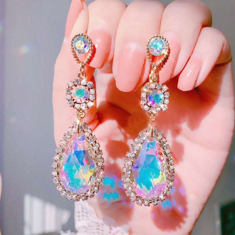 Korean Elegant Luxury Waterdrop Crystal Temperament Dangle Earrings For Women Fashion Pearl Party Boucle D'oreilles