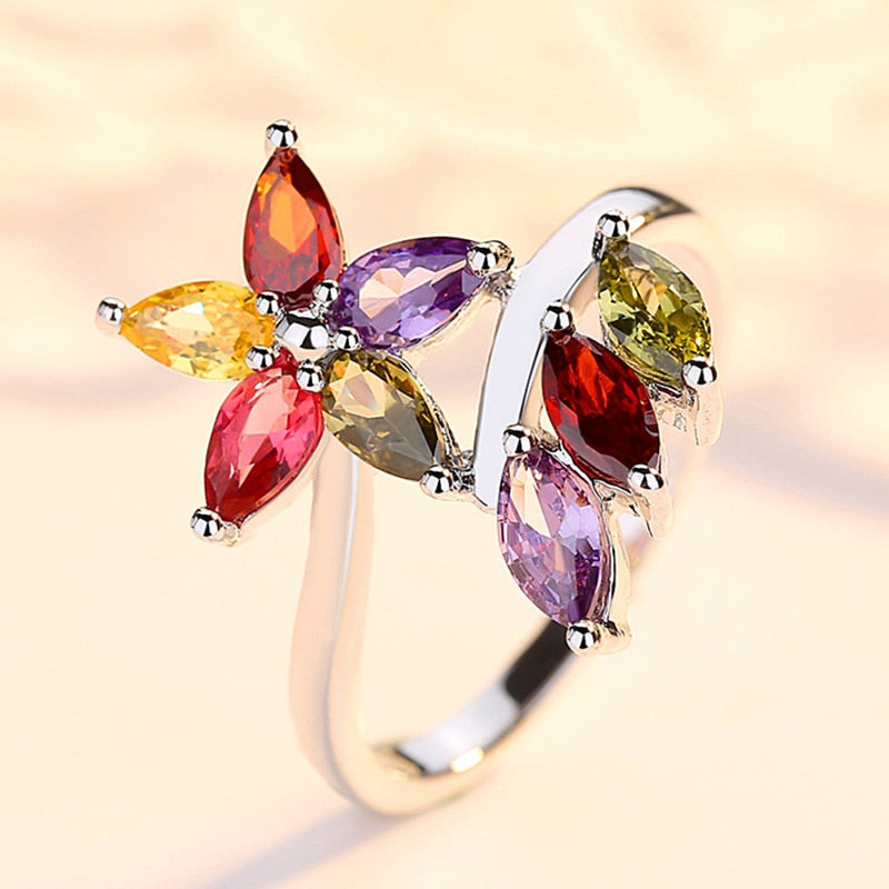 Beiver Female Mutilcolor Zircon Bijoux Flower Ring for Woman Wedding Engagement Ring Fashion Vintage Jewelry Gift Size 6/7/8/9
