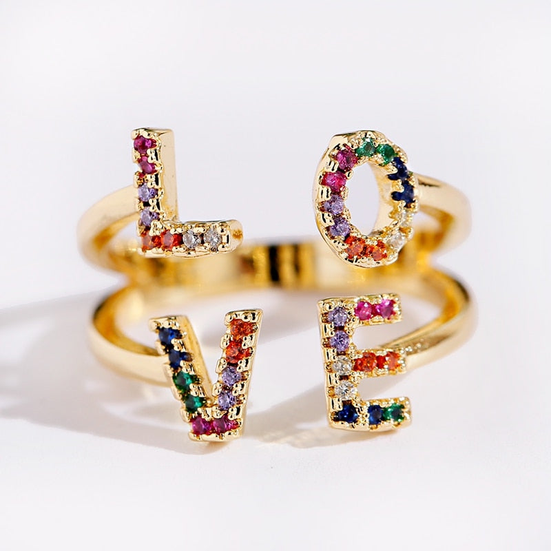 Luxury Love Shape Rings Letter Geometric Copper Rings For Women Gold Color CZ Ring Fashion Jewelry 2020