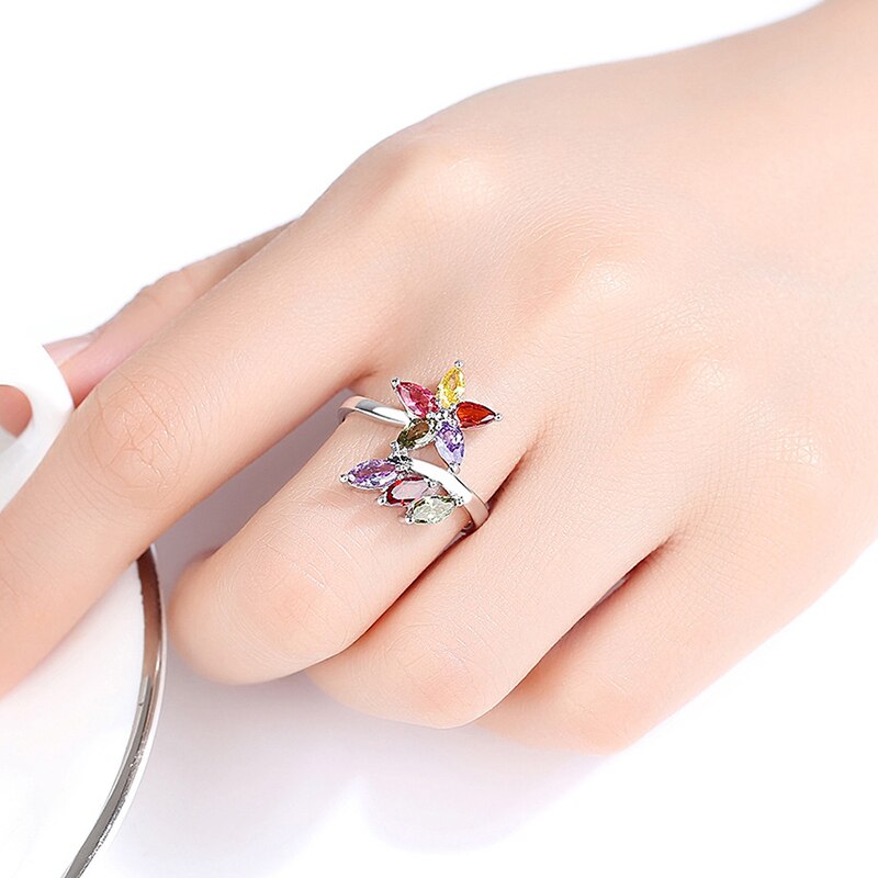Beiver Female Mutilcolor Zircon Bijoux Flower Ring for Woman Wedding Engagement Ring Fashion Vintage Jewelry Gift Size 6/7/8/9