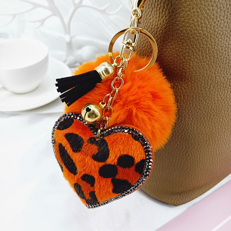 New Korean velvet rhinestone leopard pattern love hair ball key ring pendant bell accessories bag bag ornament
