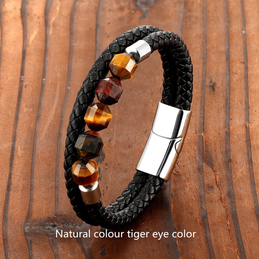 2021 New 10mm Cut Corner Natural Tiger's Eye Energy Bracelet Sweet And Romantic Couple Double-Layer Leather Rope 316 Stainless S