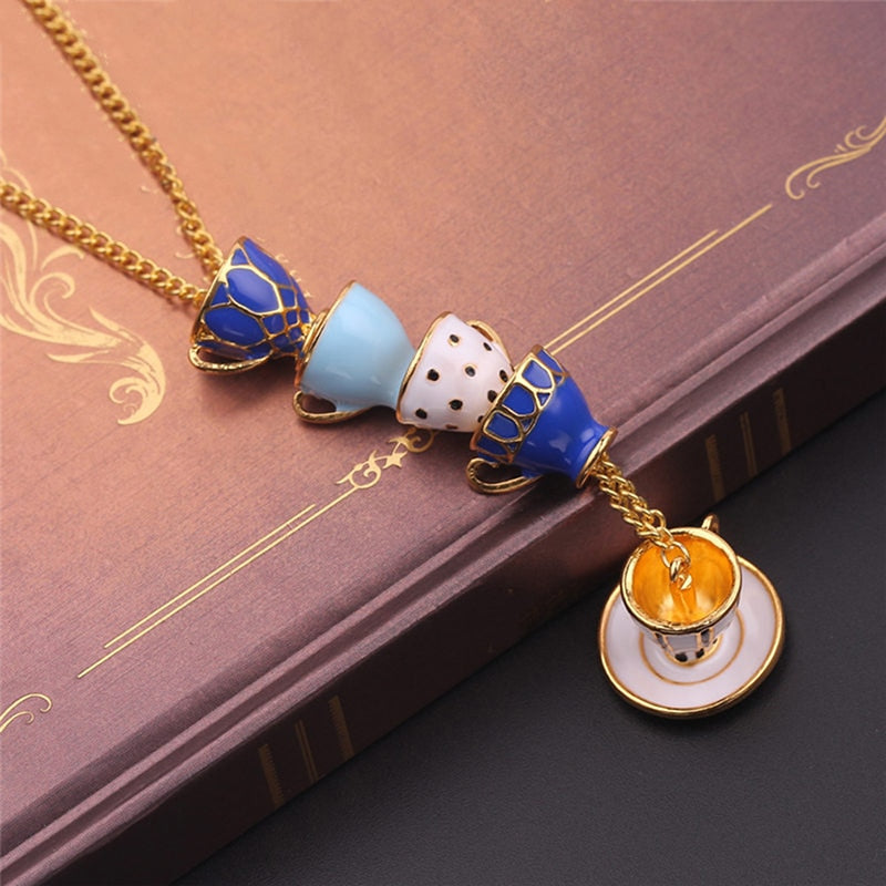 Alice In Wonderland Teacup Necklace Pendants Fashion Enamel Tea Cup Sweater Chain Clothing Accessories For Women Girl Jewelry