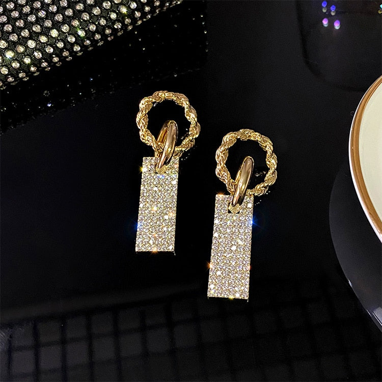 Korean Fashion Bling Bling Rhinestones Drop Earrings for Women Metallic Geometric Dangle Earrings Temperament Jewellery