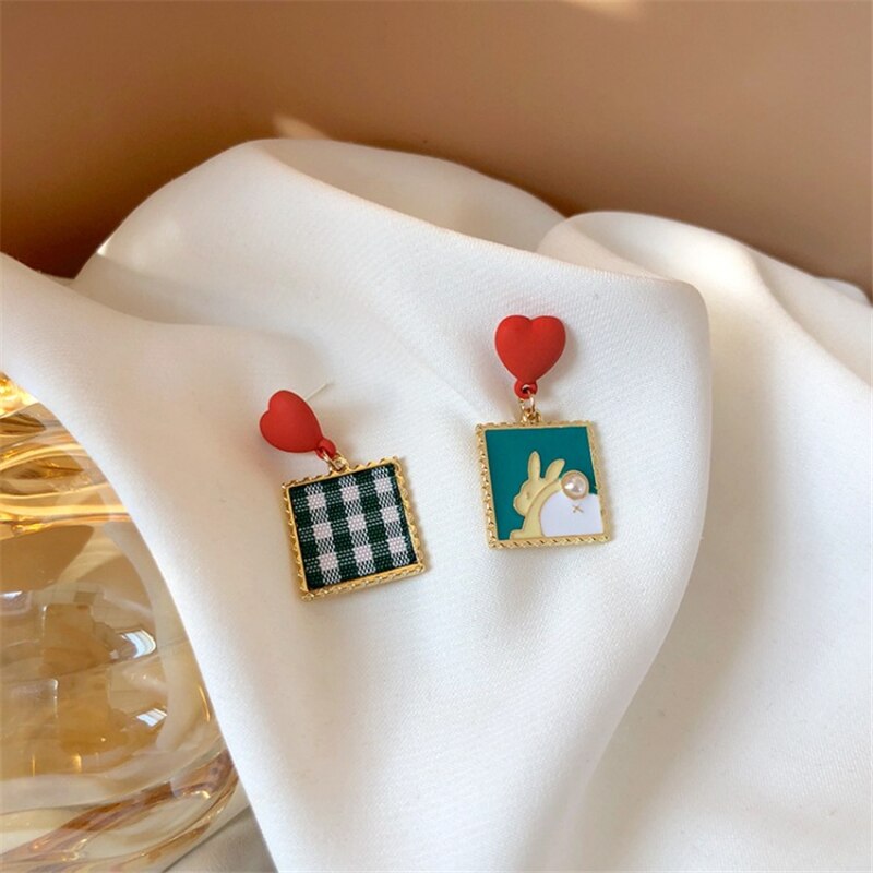 ORZTOON Red Peach Heart Asymmetric Stud Earrings For Women Personality Pearl Square Drop Earring Small Fresh female Jewelry Gift