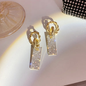 Korean Fashion Bling Bling Rhinestones Drop Earrings for Women Metallic Geometric Dangle Earrings Temperament Jewellery