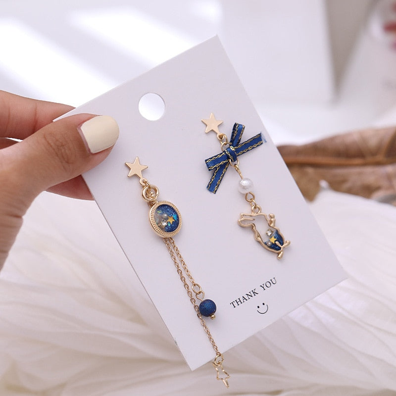 Japanese Style Cute Blue Rabbit Clip on Earring Asymmetric Alice in Wonderland Bow Moon Star Long Clip Earring Without Piercing