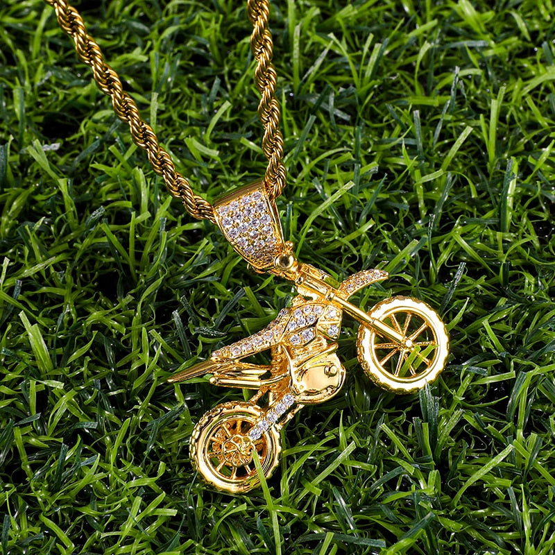 HIP Hop Full AAA Iced Out Bling CZ Cubic Zircon Copper Motorcycle Pendants &amp; Necklaces For Men Jewelry With Tennis Chain