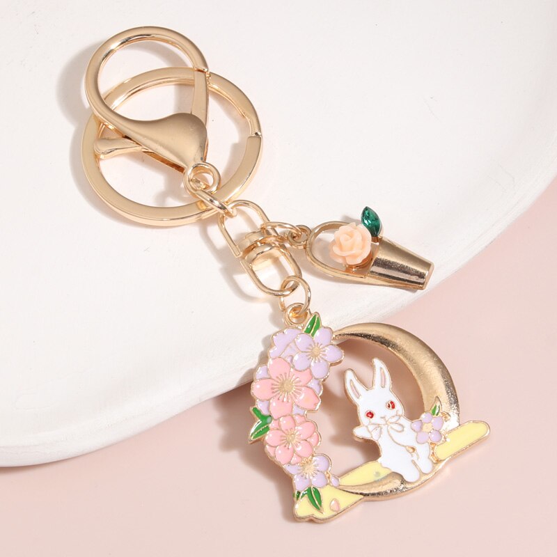Cute Enamel Keychain Flower Basket  Rabbit Moon Key Ring Animal Key Chains Souvenir Gifts For Women Girls DIY Handmade Jewelry