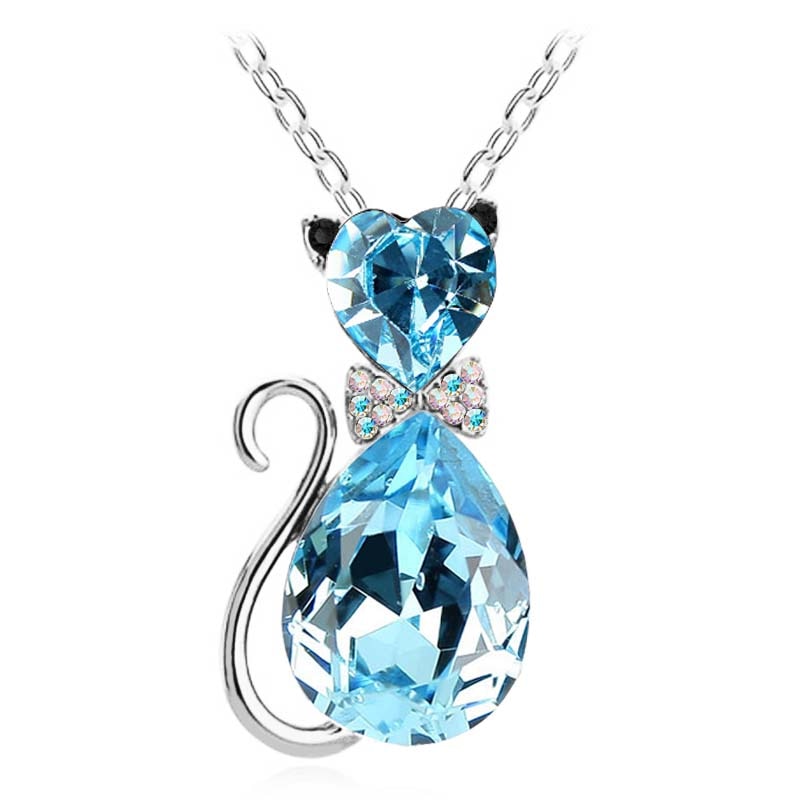 Cute Cat Pendant Necklace For Women Heart Crystal Jewelry Austrian Crystal Clavicle Chain Necklace