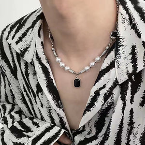 Punk Hip-hop Black Rhinestones Pendant Pearl Necklace Man Stainless Steel Jewelry 2022 Trend Choker Neck Chain Mens Jewellery
