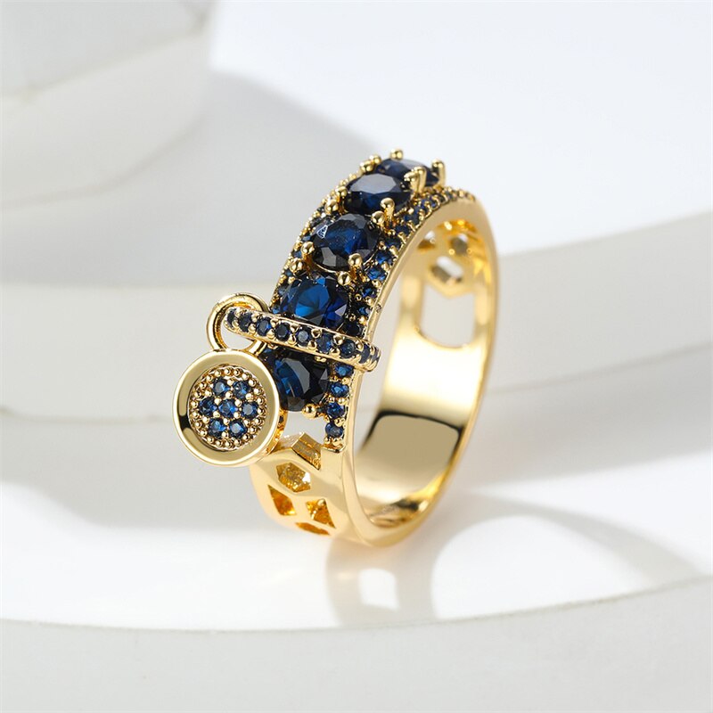 Vintage Royal Blue Stone Ring Yellow Gold Color Luxury Female Wedding Rings for Women Round Dangle Ring Engagement Jewelry Gifts