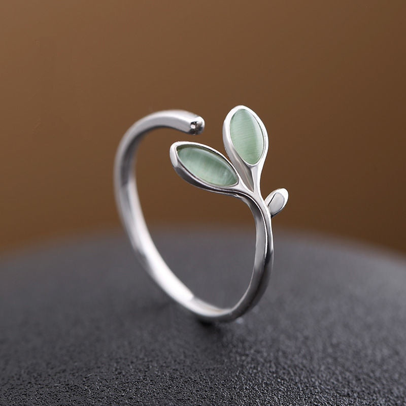 100% 925 Sterling Silver Green Opal Leaves Buds Open Rings For Women High Quality Creative Fashion Jewelry 2022 New