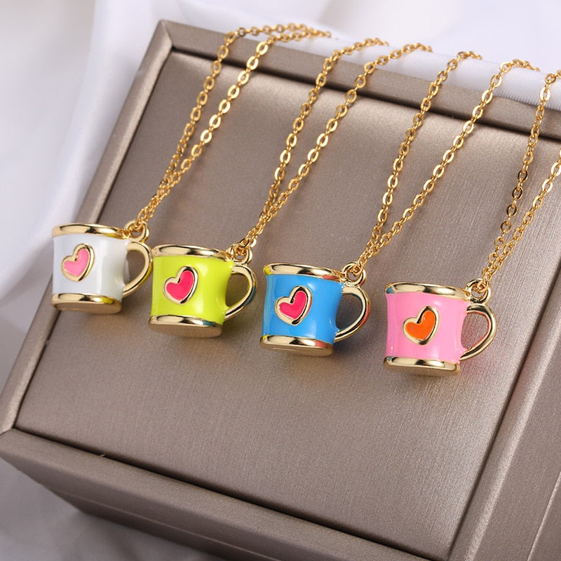 Cute Sweet Heart Teacup Pendant Necklace For Women Hand Painted Colorful Tea Cup Coffee Cups Choker Jewelry Sister Friend Gift