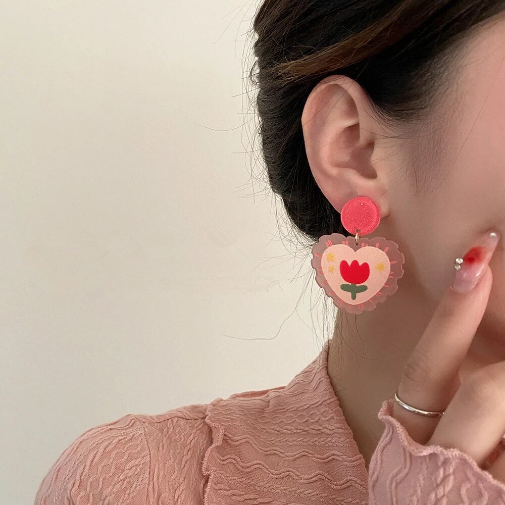 AOMU 2021 New Acrylic Series Colorful Geometric Irregular Flora Flower Graffiti Women Jewelry Acrylic Dangle Earrings Collection