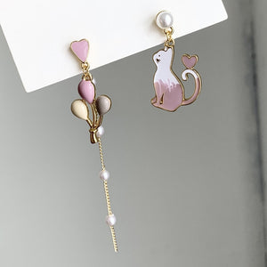 Asymmetry Of Fashion Cute Cat Fan Earring Kitten Stud Earrings Pink Rabbit Cherry Blossom Accessories Trend Party Jewelry Gift