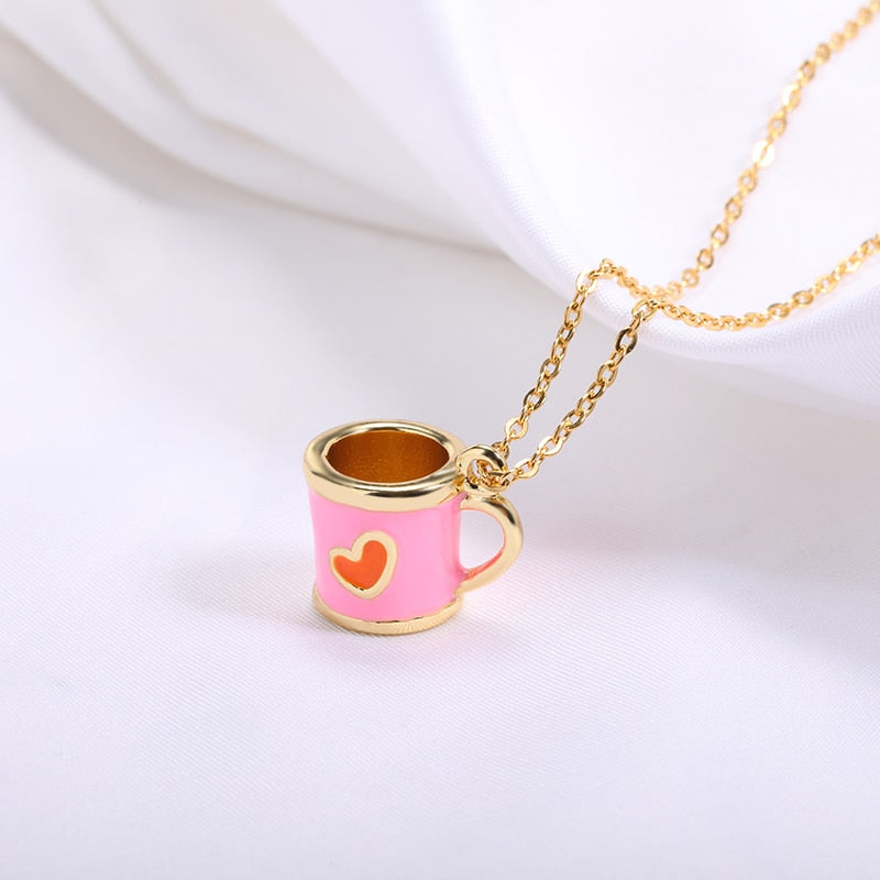 Cute Sweet Heart Teacup Pendant Necklace For Women Hand Painted Colorful Tea Cup Coffee Cups Choker Jewelry Sister Friend Gift