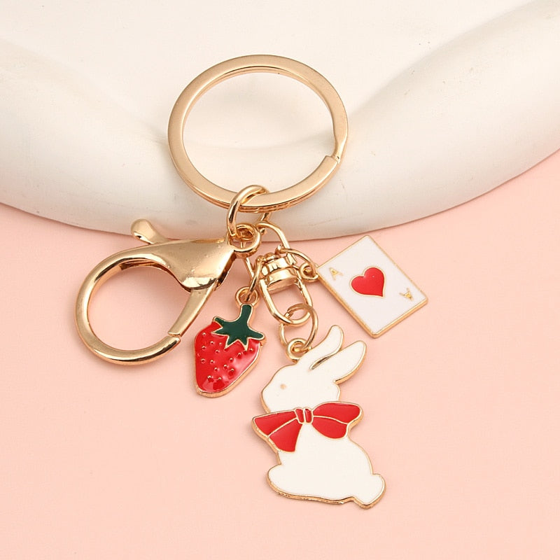 Cute Enamel Keychain Bowknot Rabbit Strawberry Poker Key Ring Animal Key Chains Souvenir Gift For Women Men DIY Handmade Jewelry