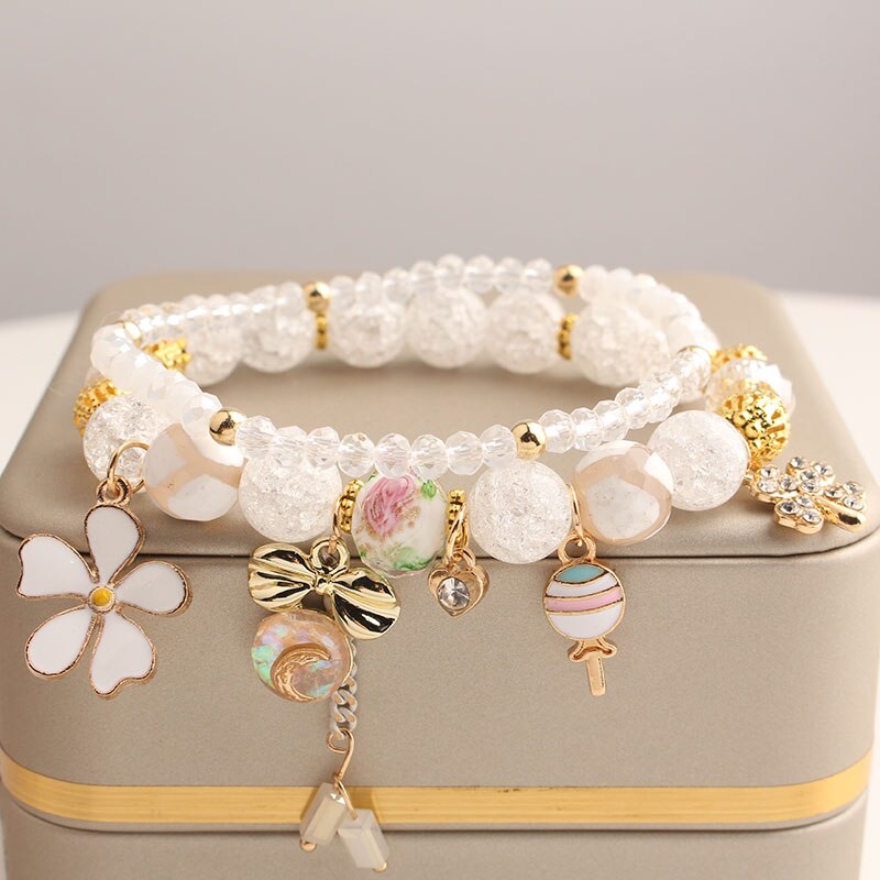 Korean style summer fresh mushroom floral pendant bracelets double-layer popcorn Crystal elastic bracelet for women