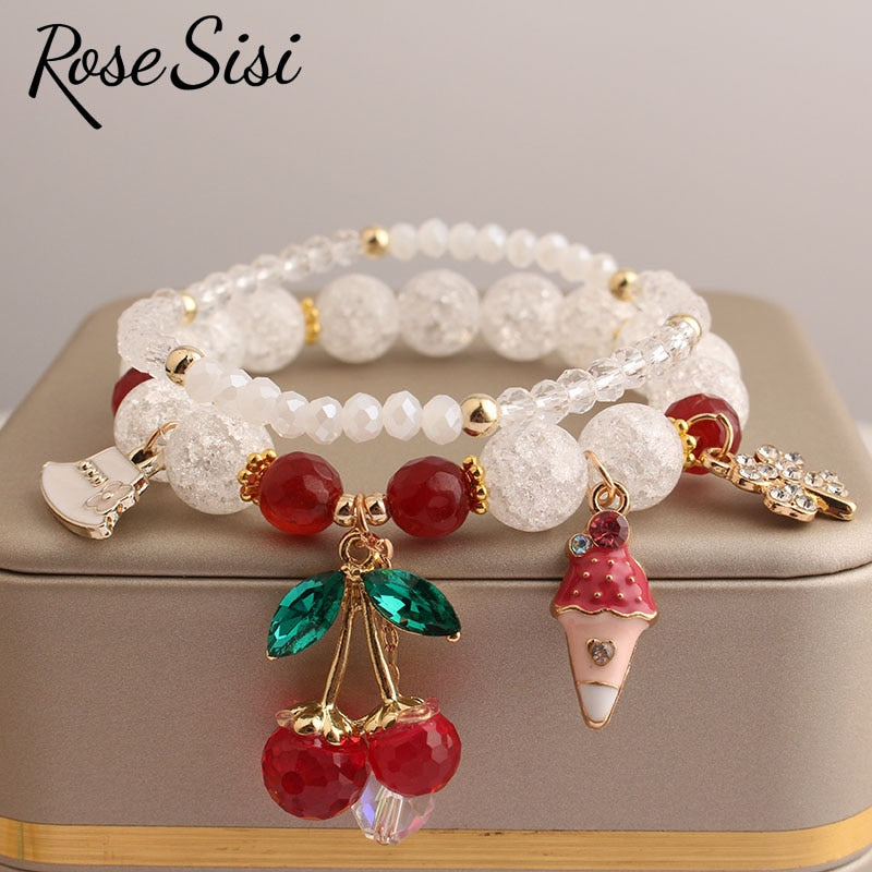 Rose sisi Korean Style fresh lovely fashion crystal burst beads bracelet for women Elastic rope cherry pendant gift for girls