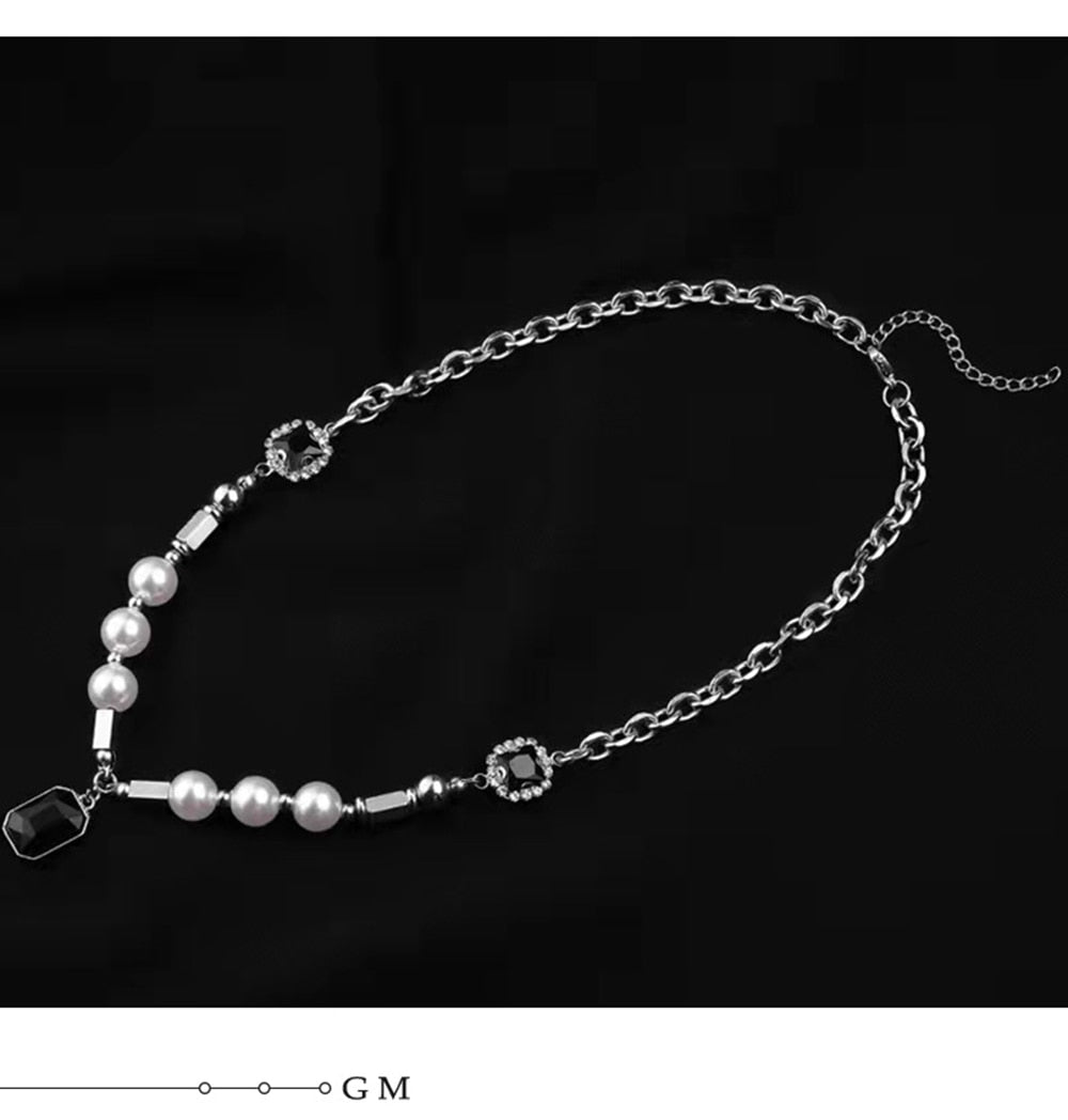 Punk Hip-hop Black Rhinestones Pendant Pearl Necklace Man Stainless Steel Jewelry 2022 Trend Choker Neck Chain Mens Jewellery