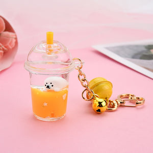 New Cartoon Cute Cat Car Keychain Creative Milk Tea Cup Liquid Crystal Quicksand Sequin Key Ring Bag Pendant for Women Bag Key