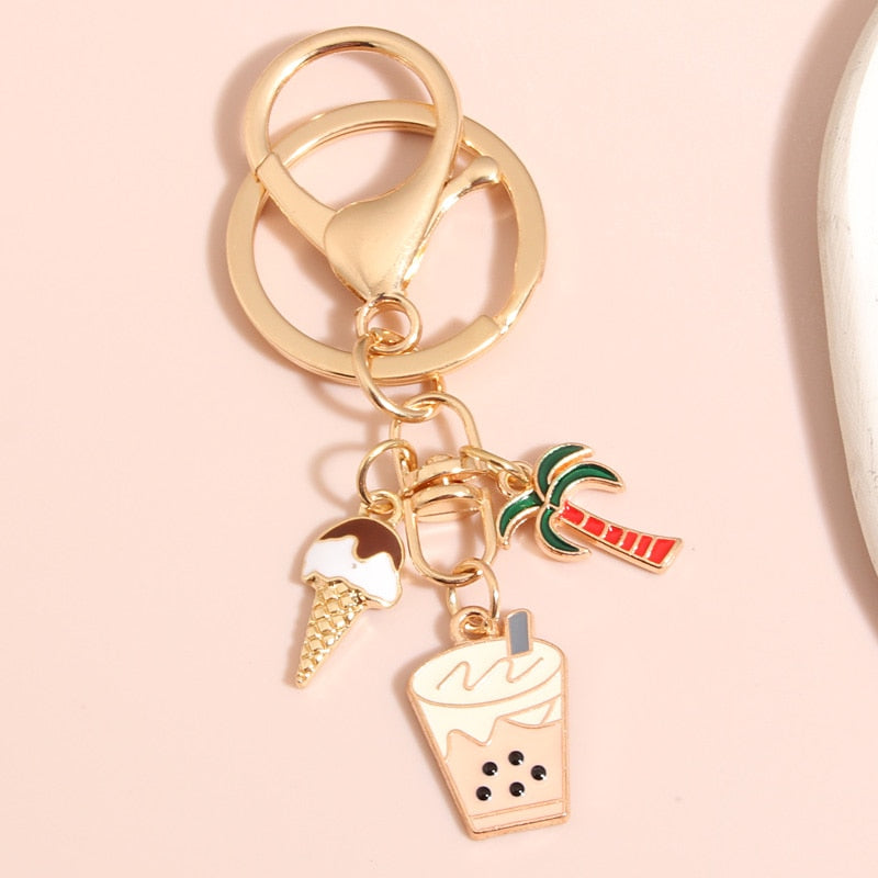 Cute Enamel Keychain Ice Cream Coconut Tree Bubble Tea Key Ring Summer Key Chains For Women Men DIY Handmade Jewelry Gifts