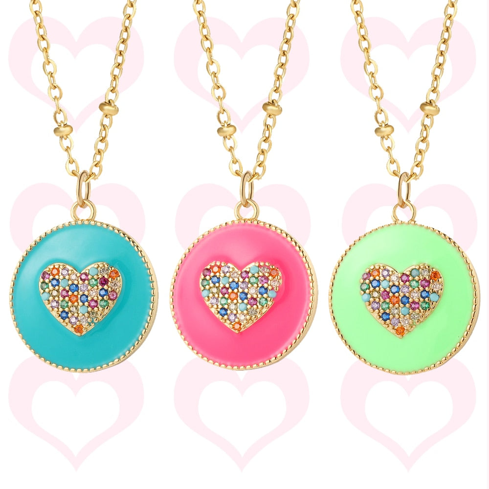 Rainbow Heart Pendant Necklace for Women Romantic Woman's Gold Color Chain Stainless Steel Choker Necklace Trendy Enamel Jewelry